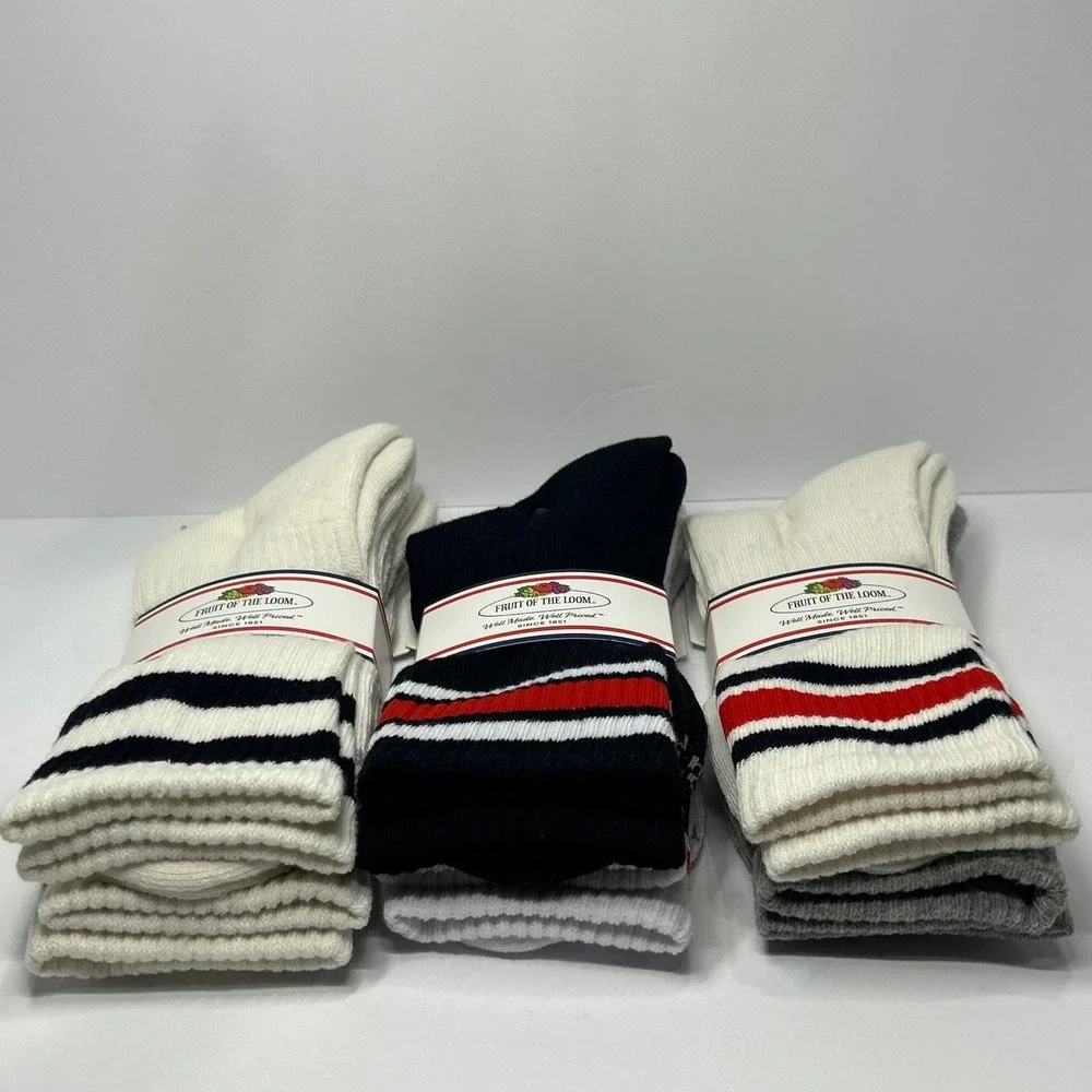 Fruit of the Loom 6 Pair Varsity Stripe Crew Socks Mens 6-12 White Navy Red New
